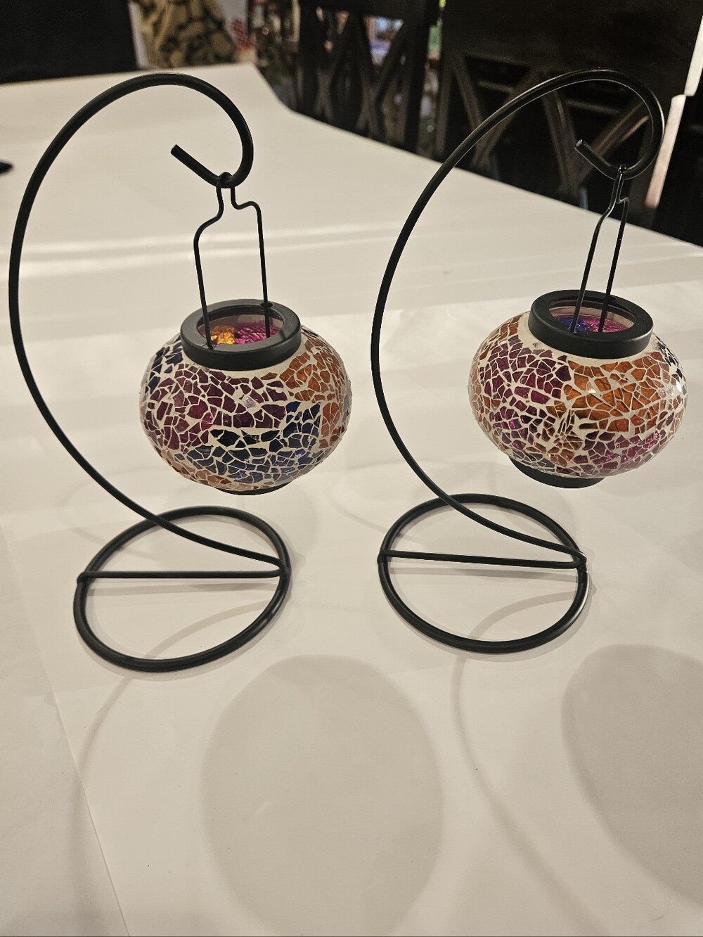 Set Of 2 Mosaic Glass Hanging Tealight Lanterns